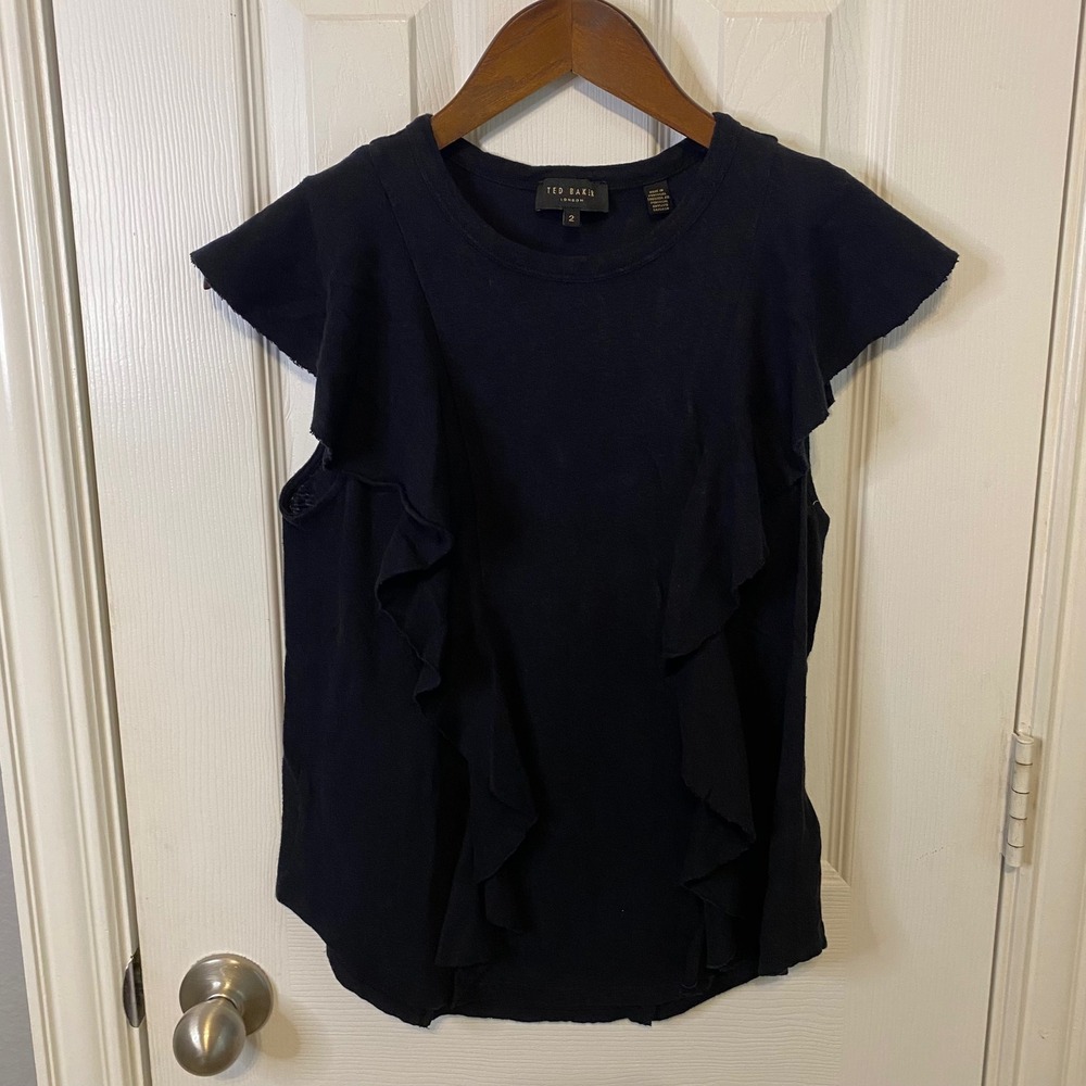 Ted‎ Baker London Kathley Ruffle Front Cotton Linen Top Black Size 2 US 6